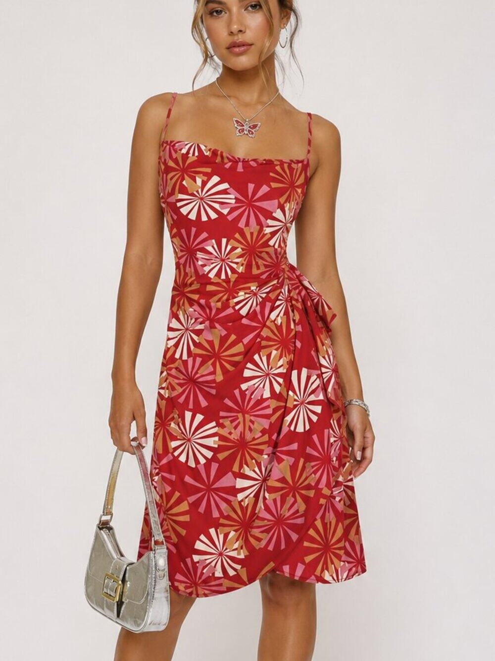 Vintage Y2K BCBGMaxAzria Mini Dress XS Red Halter Square Cowl Neck Floral Wrap